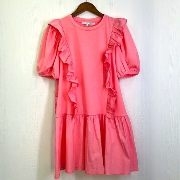 English Factory - Pink Puff Sleeve Ruffle Detail Short Sleeve  Mini Dress Medium - Picture 9 of 12